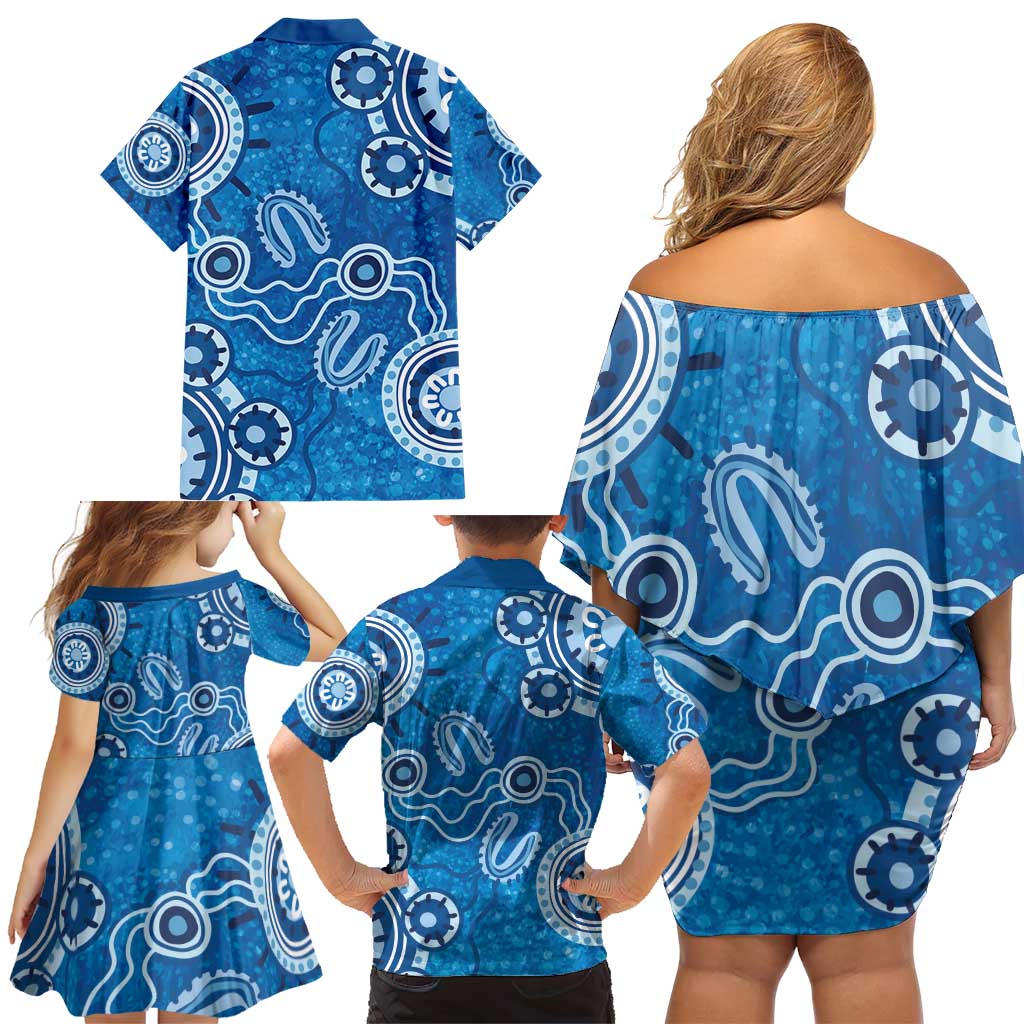 Australia Indigenous Prostate Cancer Awareness Family Matching Off Shoulder Short Dress and Hawaiian Shirt Blue Ribbon Aboriginal Art - Aussie Hoodie