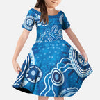 Australia Indigenous Prostate Cancer Awareness Kid Short Sleeve Dress Blue Ribbon Aboriginal Art - Aussie Hoodie