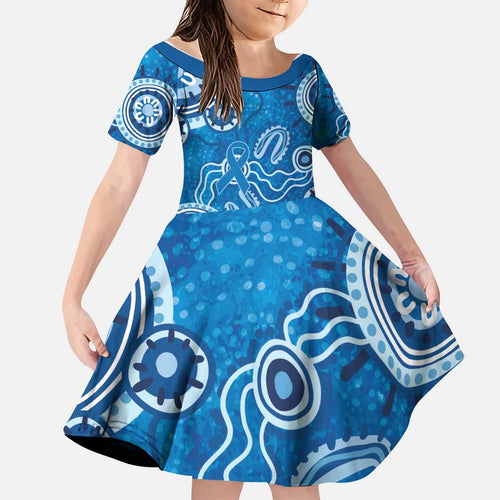 Australia Indigenous Prostate Cancer Awareness Kid Short Sleeve Dress Blue Ribbon Aboriginal Art - Aussie Hoodie