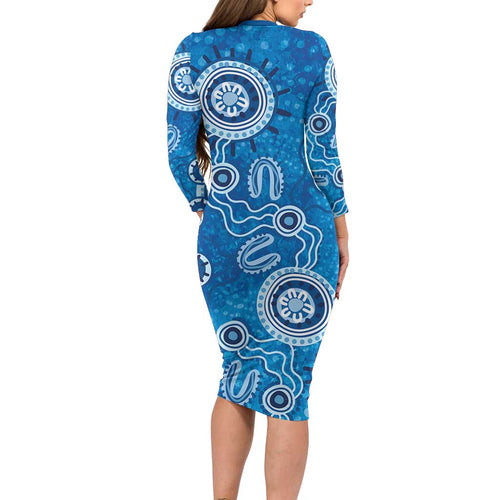 Australia Indigenous Prostate Cancer Awareness Long Sleeve Bodycon Dress Blue Ribbon Aboriginal Art - Aussie Hoodie