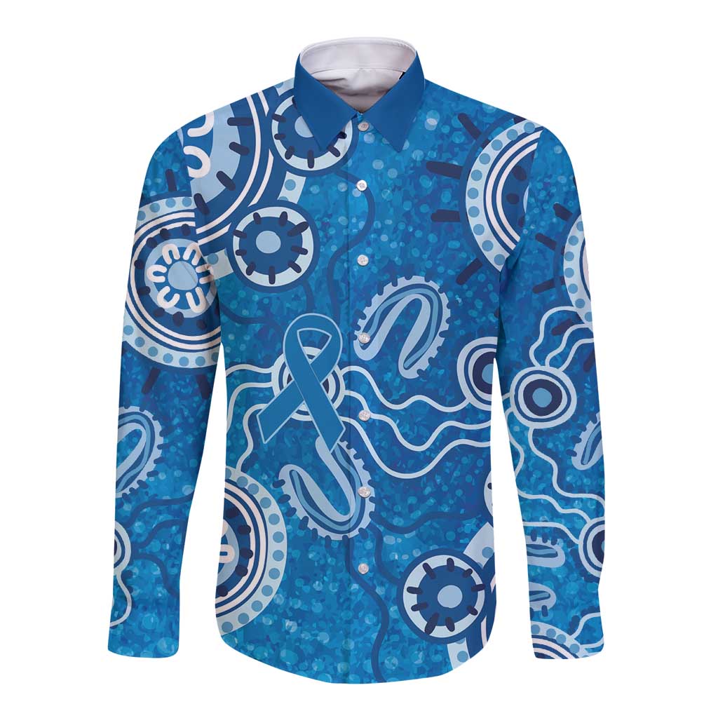 Australia Indigenous Prostate Cancer Awareness Long Sleeve Button Shirt Blue Ribbon Aboriginal Art - Aussie Hoodie