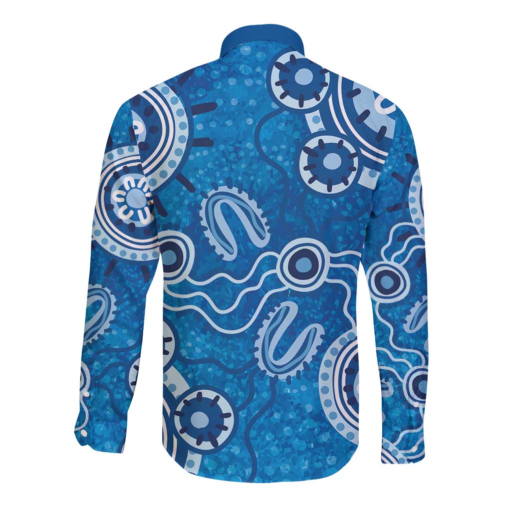 Australia Indigenous Prostate Cancer Awareness Long Sleeve Button Shirt Blue Ribbon Aboriginal Art - Aussie Hoodie