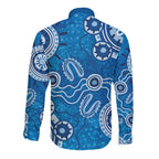 Australia Indigenous Prostate Cancer Awareness Long Sleeve Button Shirt Blue Ribbon Aboriginal Art - Aussie Hoodie