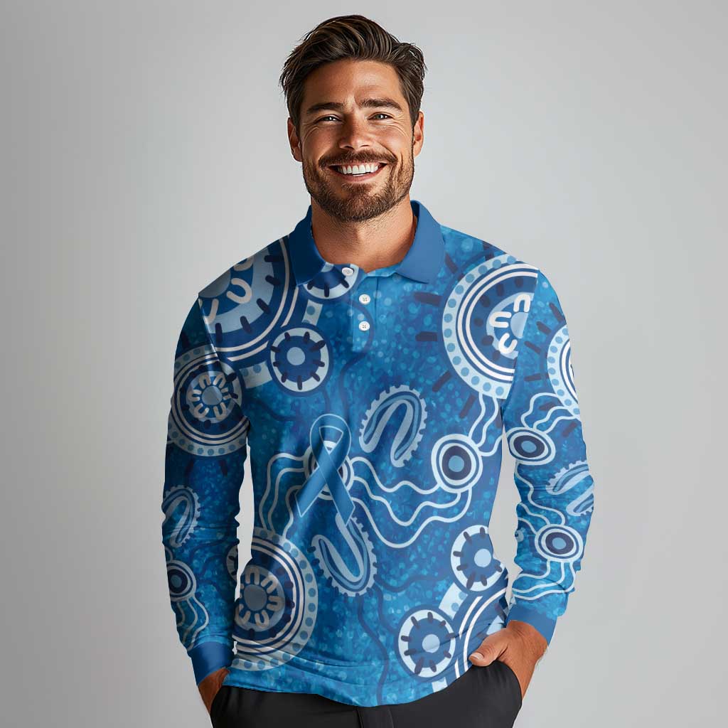 Australia Indigenous Prostate Cancer Awareness Long Sleeve Polo Shirt Blue Ribbon Aboriginal Art - Aussie Hoodie