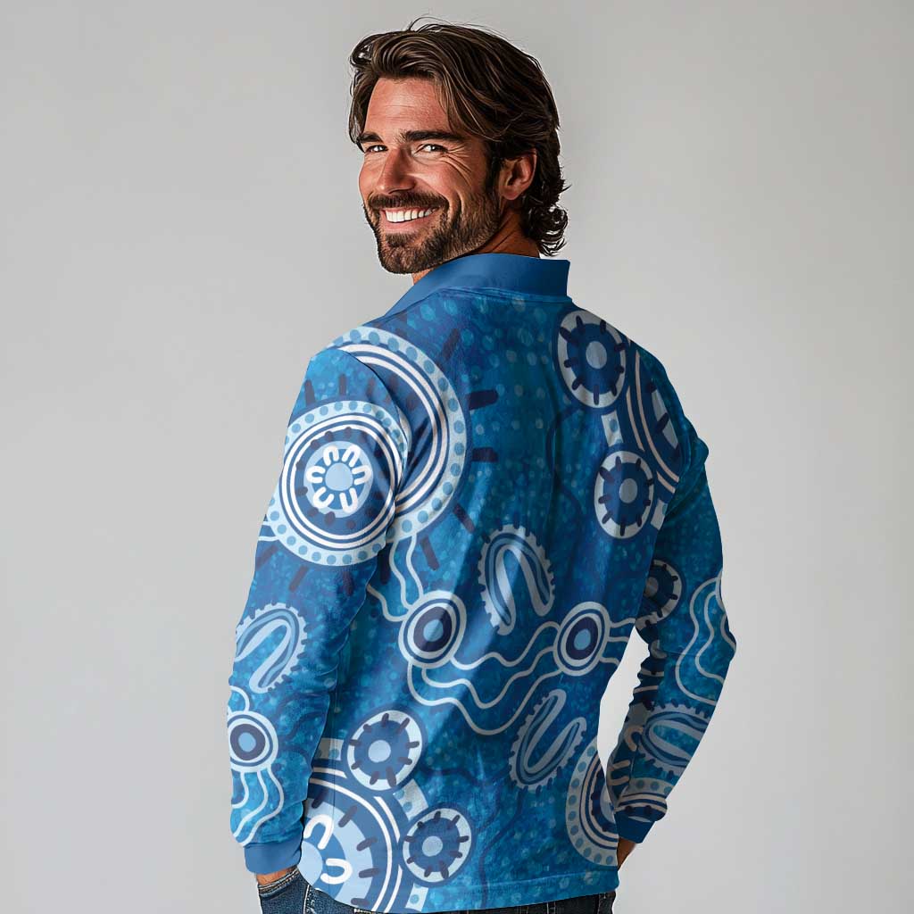 Australia Indigenous Prostate Cancer Awareness Long Sleeve Polo Shirt Blue Ribbon Aboriginal Art - Aussie Hoodie