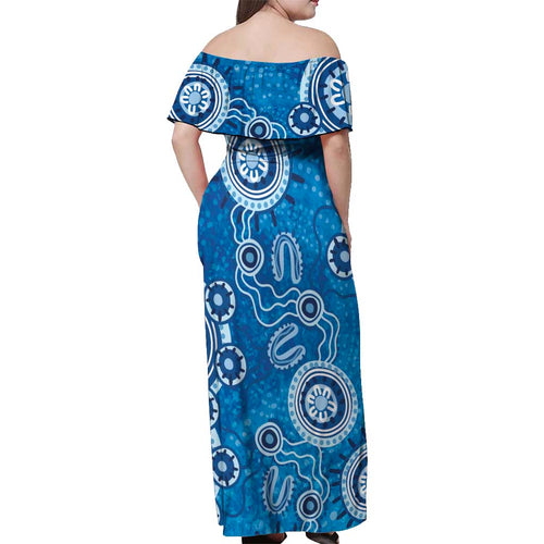 Australia Indigenous Prostate Cancer Awareness Off Shoulder Maxi Dress Blue Ribbon Aboriginal Art - Aussie Hoodie