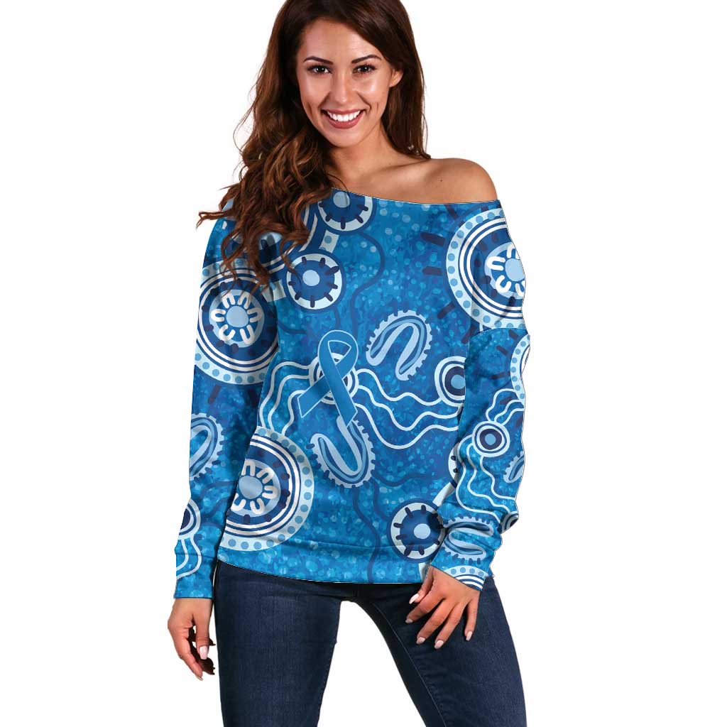 Australia Indigenous Prostate Cancer Awareness Off Shoulder Sweater Blue Ribbon Aboriginal Art - Aussie Hoodie