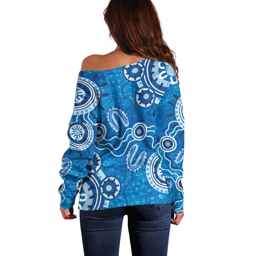 Australia Indigenous Prostate Cancer Awareness Off Shoulder Sweater Blue Ribbon Aboriginal Art - Aussie Hoodie