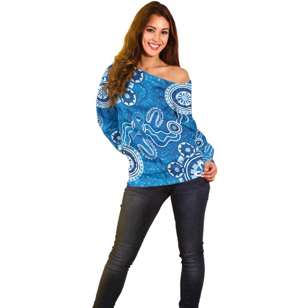Australia Indigenous Prostate Cancer Awareness Off Shoulder Sweater Blue Ribbon Aboriginal Art - Aussie Hoodie