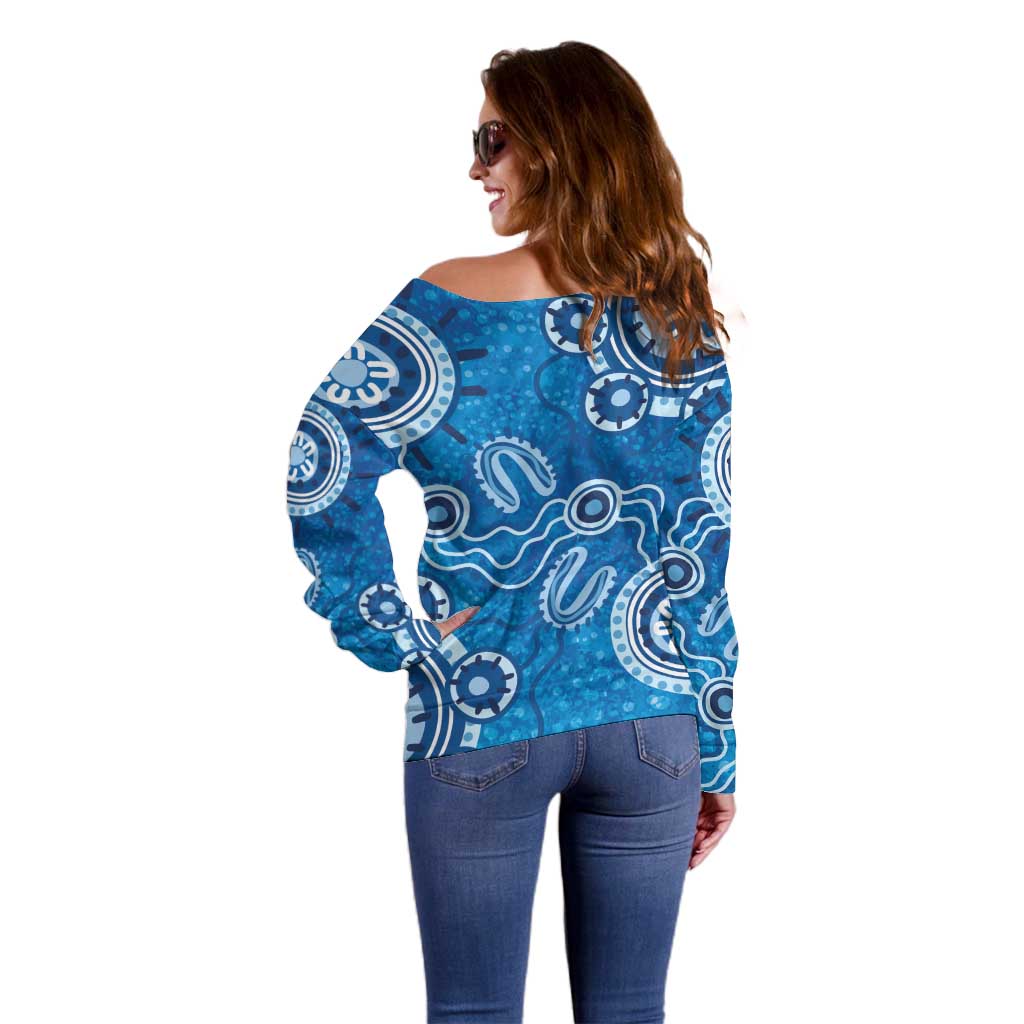 Australia Indigenous Prostate Cancer Awareness Off Shoulder Sweater Blue Ribbon Aboriginal Art - Aussie Hoodie