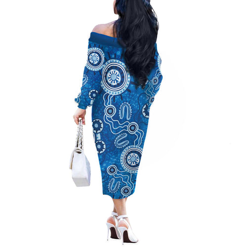 Australia Indigenous Prostate Cancer Awareness Off The Shoulder Long Sleeve Dress Blue Ribbon Aboriginal Art - Aussie Hoodie