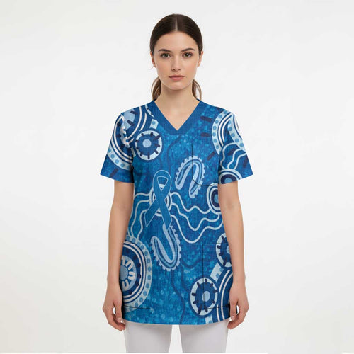 Australia Indigenous Prostate Cancer Awareness Scrub Top Blue Ribbon Aboriginal Art - Aussie Hoodie