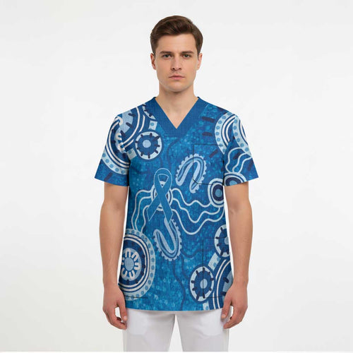 Australia Indigenous Prostate Cancer Awareness Scrub Top Blue Ribbon Aboriginal Art - Aussie Hoodie