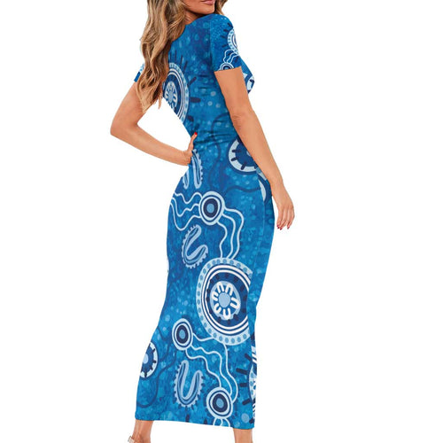 Australia Indigenous Prostate Cancer Awareness Short Sleeve Bodycon Dress Blue Ribbon Aboriginal Art - Aussie Hoodie