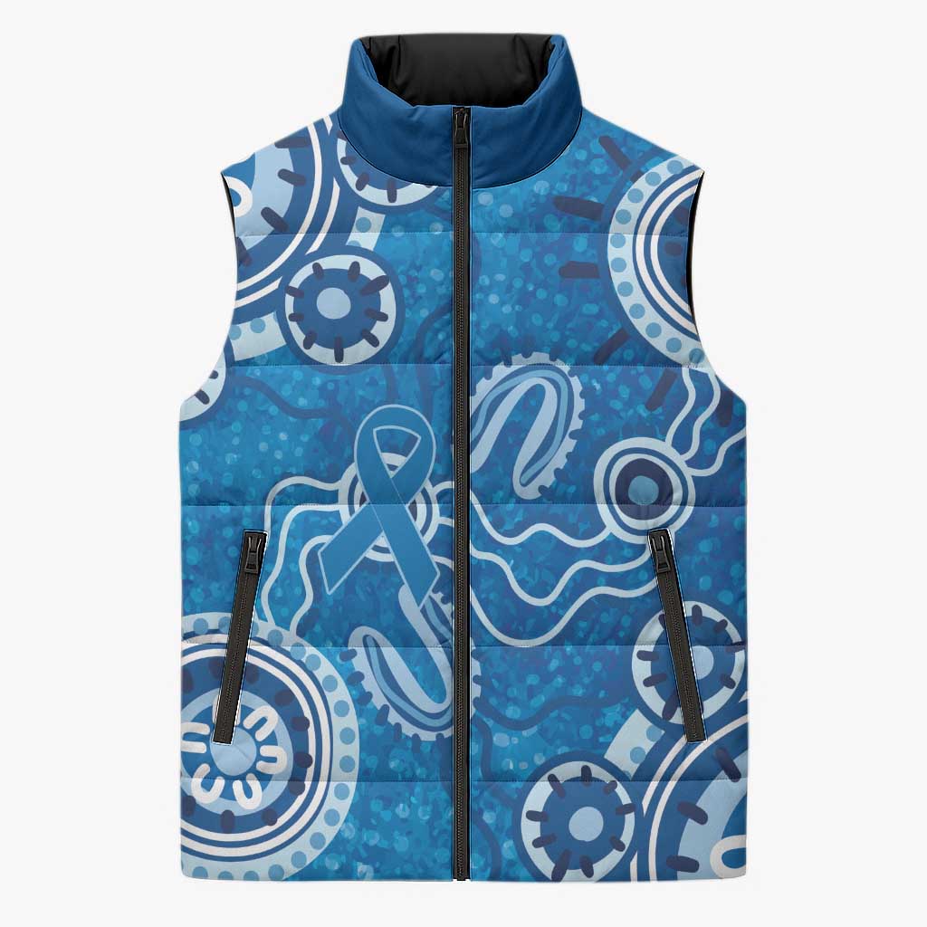 Australia Indigenous Prostate Cancer Awareness Sleeveless Puffer Jacket Blue Ribbon Aboriginal Art - Aussie Hoodie