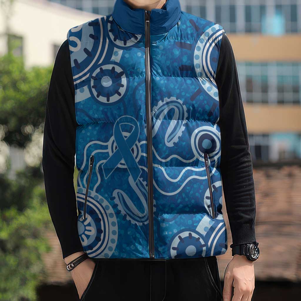 Australia Indigenous Prostate Cancer Awareness Sleeveless Puffer Jacket Blue Ribbon Aboriginal Art - Aussie Hoodie