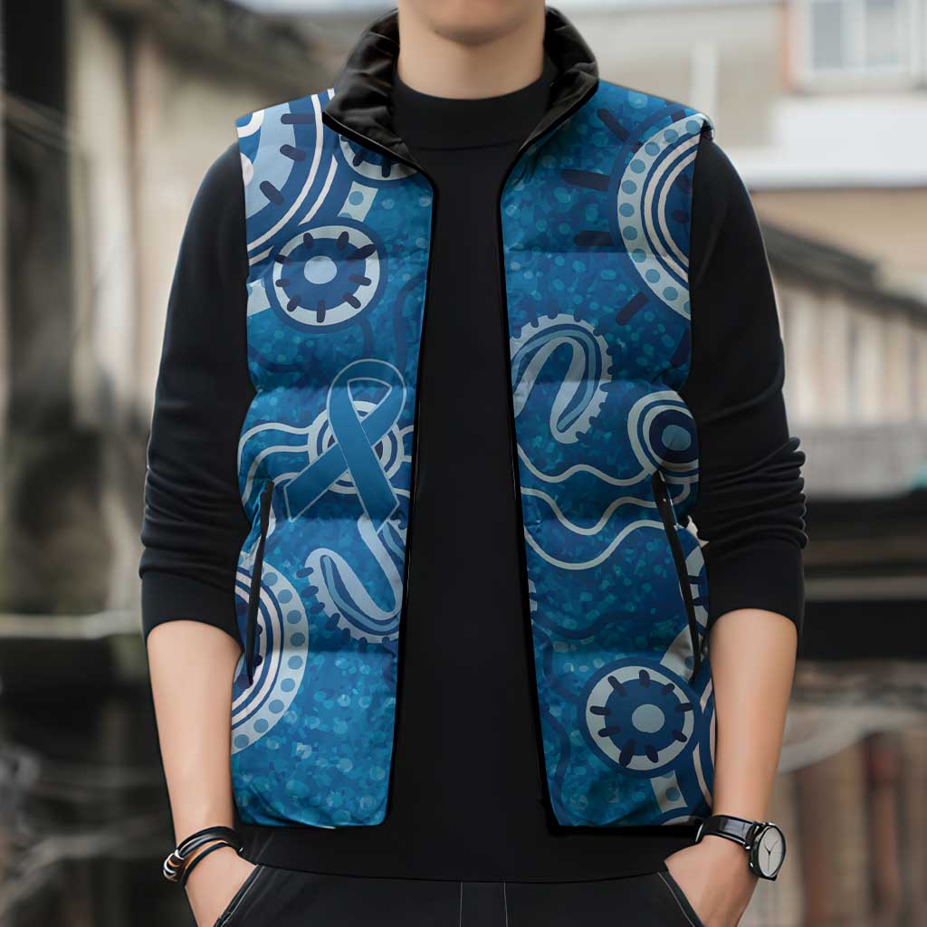 Australia Indigenous Prostate Cancer Awareness Sleeveless Puffer Jacket Blue Ribbon Aboriginal Art - Aussie Hoodie