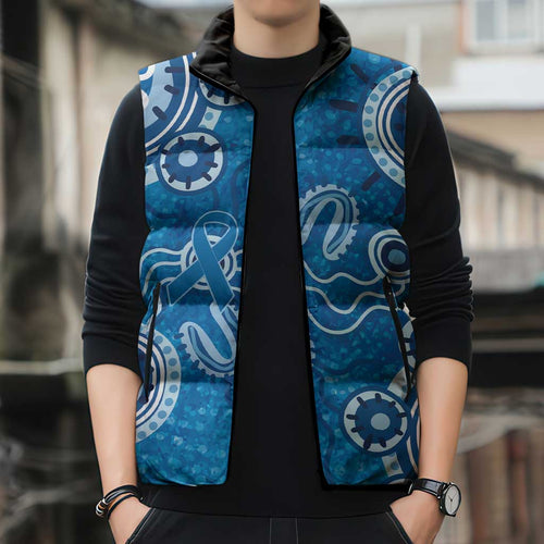 Australia Indigenous Prostate Cancer Awareness Sleeveless Puffer Jacket Blue Ribbon Aboriginal Art - Aussie Hoodie