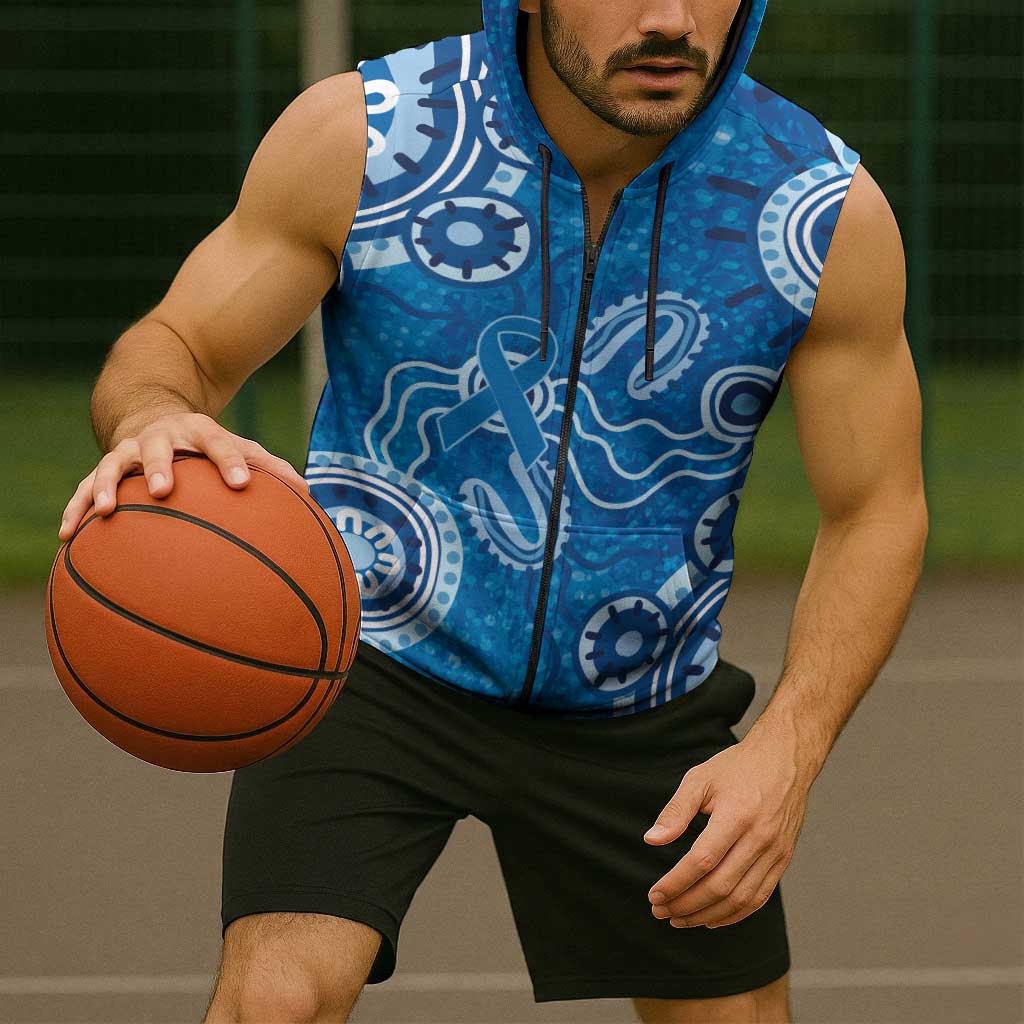 Australia Indigenous Prostate Cancer Awareness Sleeveless Zip Hoodie Blue Ribbon Aboriginal Art LT7