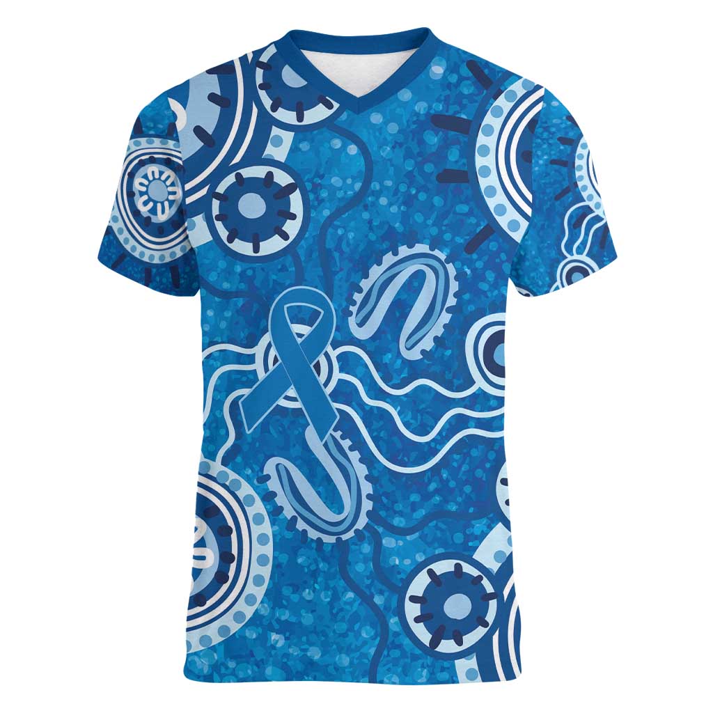 Australia Indigenous Prostate Cancer Awareness Women V-Neck T-Shirt Blue Ribbon Aboriginal Art - Aussie Hoodie