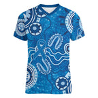 Australia Indigenous Prostate Cancer Awareness Women V-Neck T-Shirt Blue Ribbon Aboriginal Art - Aussie Hoodie