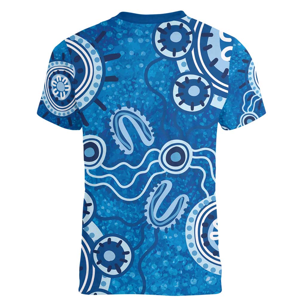 Australia Indigenous Prostate Cancer Awareness Women V-Neck T-Shirt Blue Ribbon Aboriginal Art - Aussie Hoodie