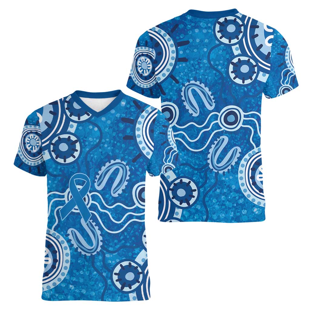 Australia Indigenous Prostate Cancer Awareness Women V-Neck T-Shirt Blue Ribbon Aboriginal Art - Aussie Hoodie