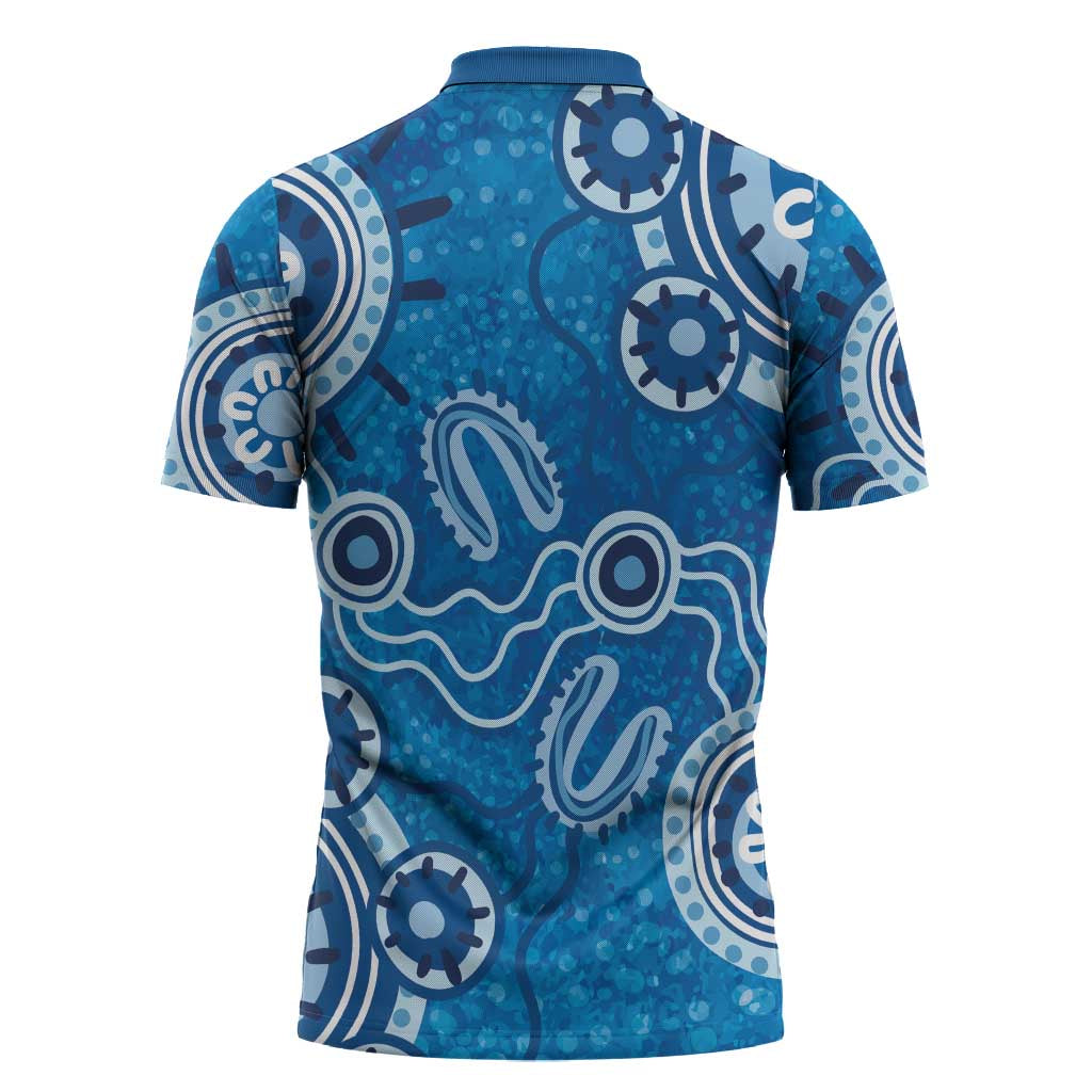 Australia Indigenous Prostate Cancer Awareness Zipper Polo Shirt Blue Ribbon Aboriginal Art - Aussie Hoodie