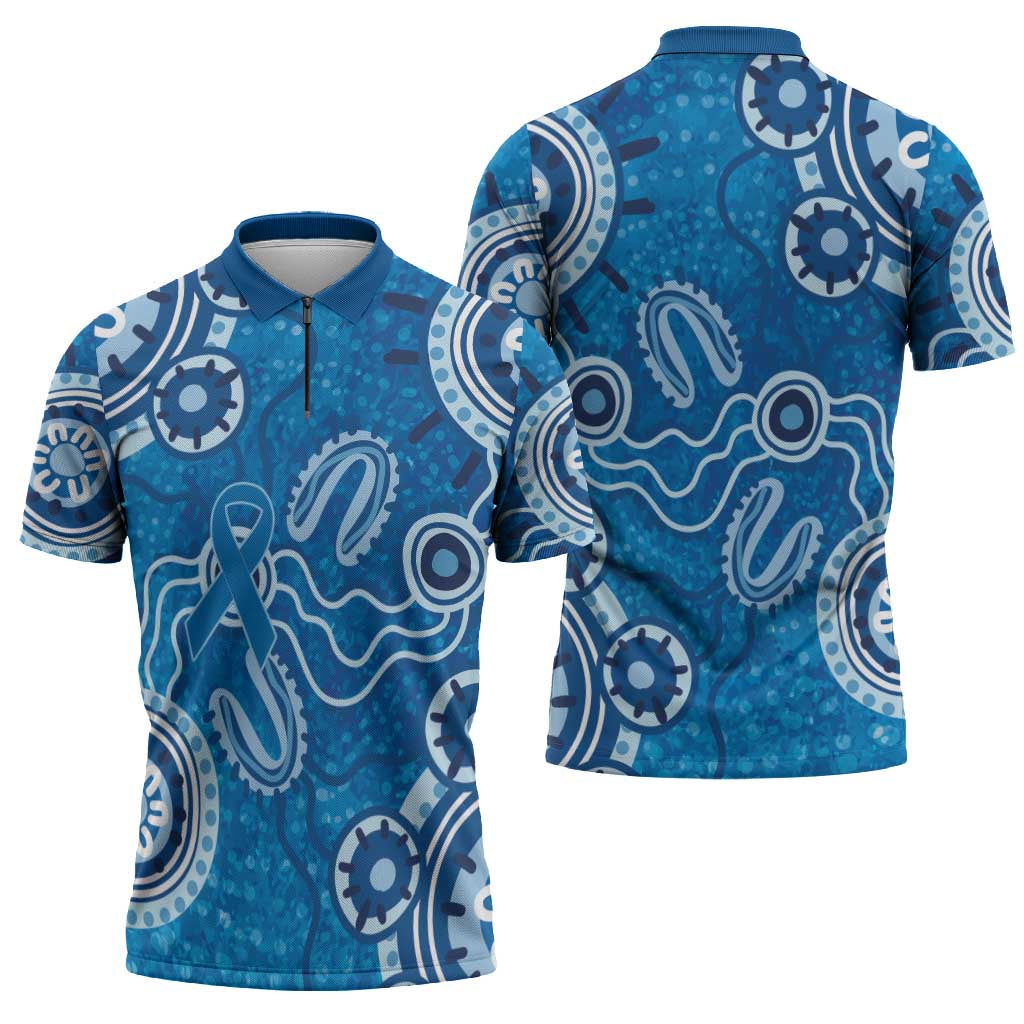 Australia Indigenous Prostate Cancer Awareness Zipper Polo Shirt Blue Ribbon Aboriginal Art - Aussie Hoodie