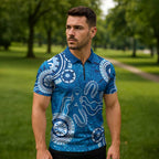 Australia Indigenous Prostate Cancer Awareness Zipper Polo Shirt Blue Ribbon Aboriginal Art - Aussie Hoodie