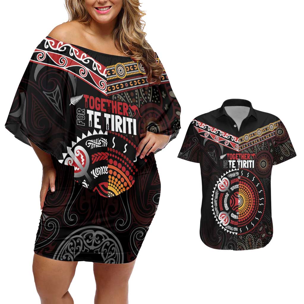 Aotearoa and Australia Indigenous Couples Matching Off Shoulder Short Dress and Hawaiian Shirt Stand Together For Te Tiriti
