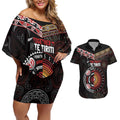 Aotearoa and Australia Indigenous Couples Matching Off Shoulder Short Dress and Hawaiian Shirt Stand Together For Te Tiriti