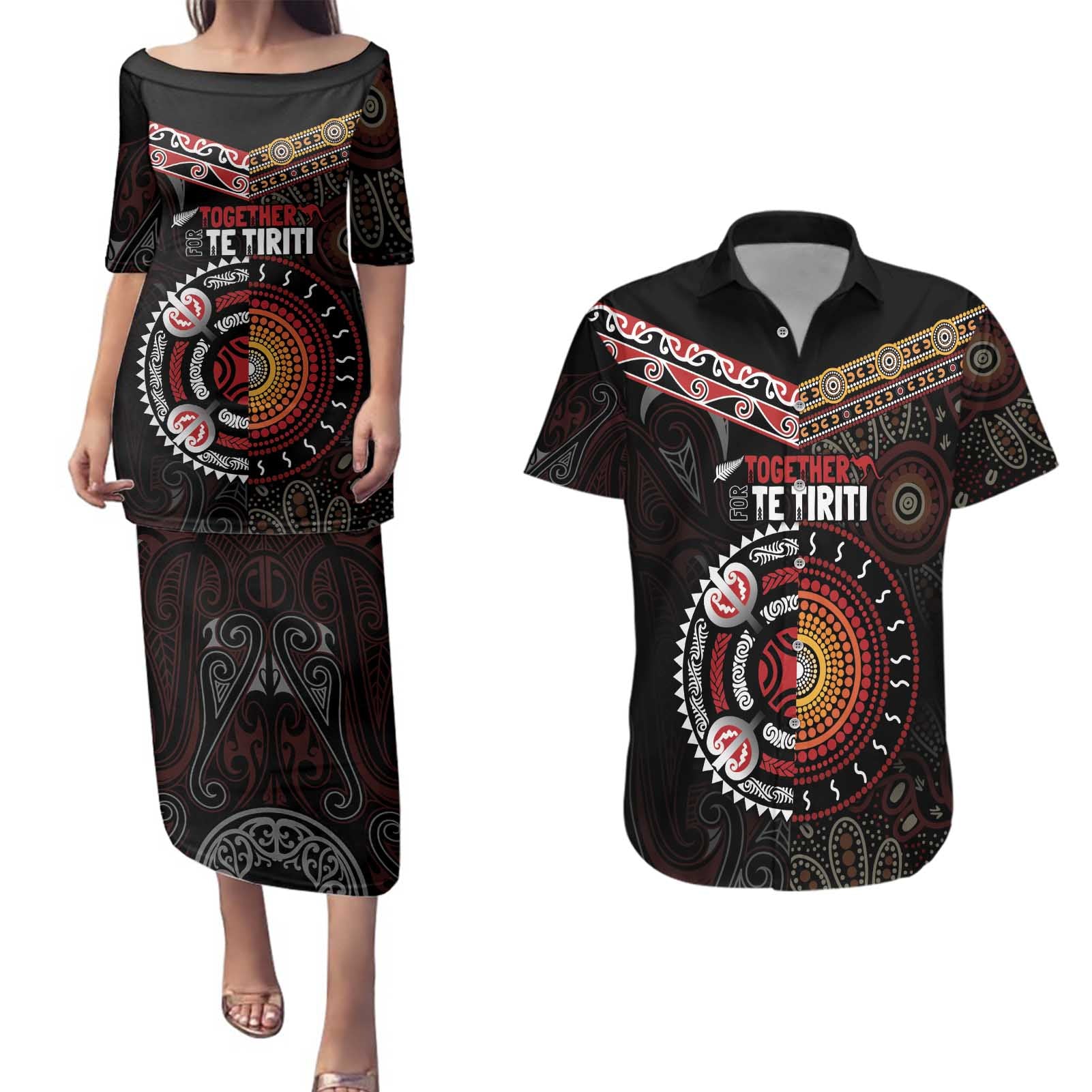 Aotearoa and Australia Indigenous Couples Matching Puletasi and Hawaiian Shirt Stand Together For Te Tiriti