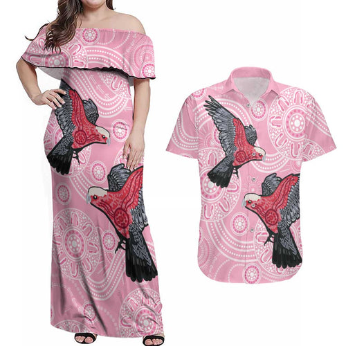 Pink Galah Aussie Aboriginal Couples Matching Off Shoulder Maxi Dress and Hawaiian Shirt Soaring High - Aussie Hoodie