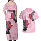 Pink Galah Aussie Aboriginal Couples Matching Off Shoulder Maxi Dress and Hawaiian Shirt Soaring High - Aussie Hoodie