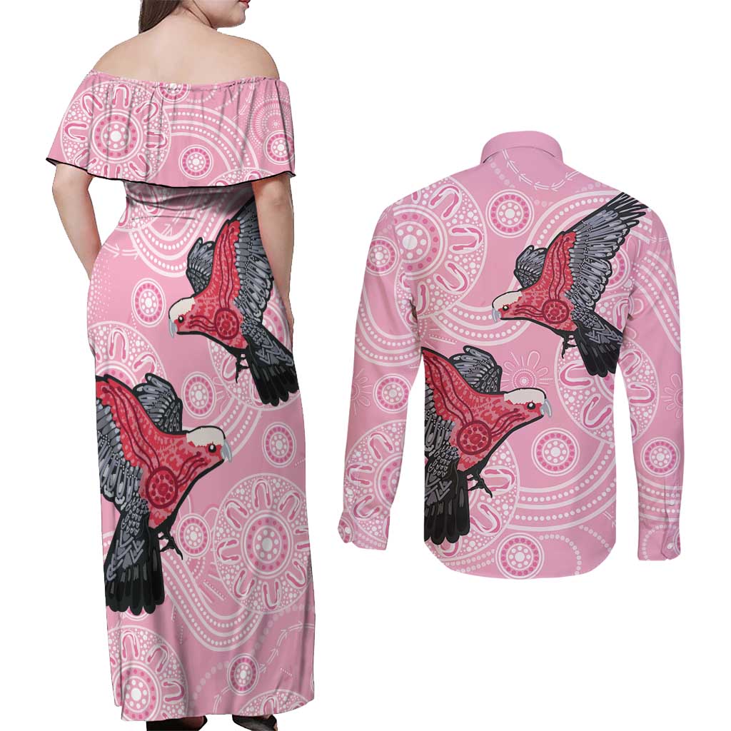 Pink Galah Aussie Aboriginal Couples Matching Off Shoulder Maxi Dress and Long Sleeve Button Shirt Soaring High - Aussie Hoodie