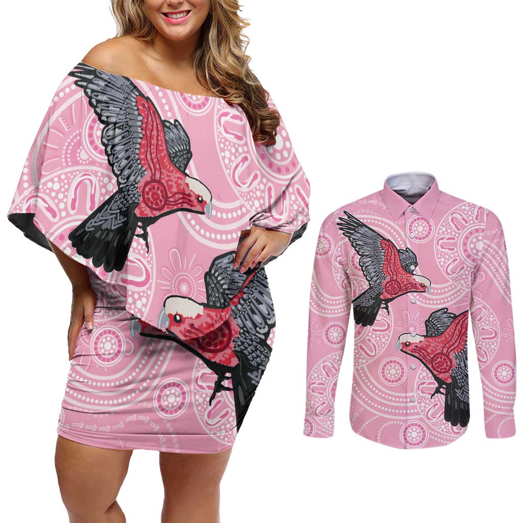 Pink Galah Aussie Aboriginal Couples Matching Off Shoulder Short Dress and Long Sleeve Button Shirt Soaring High - Aussie Hoodie