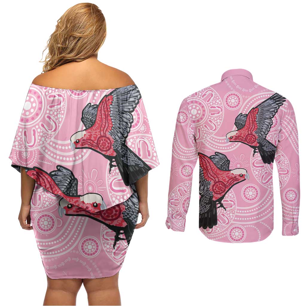 Pink Galah Aussie Aboriginal Couples Matching Off Shoulder Short Dress and Long Sleeve Button Shirt Soaring High - Aussie Hoodie