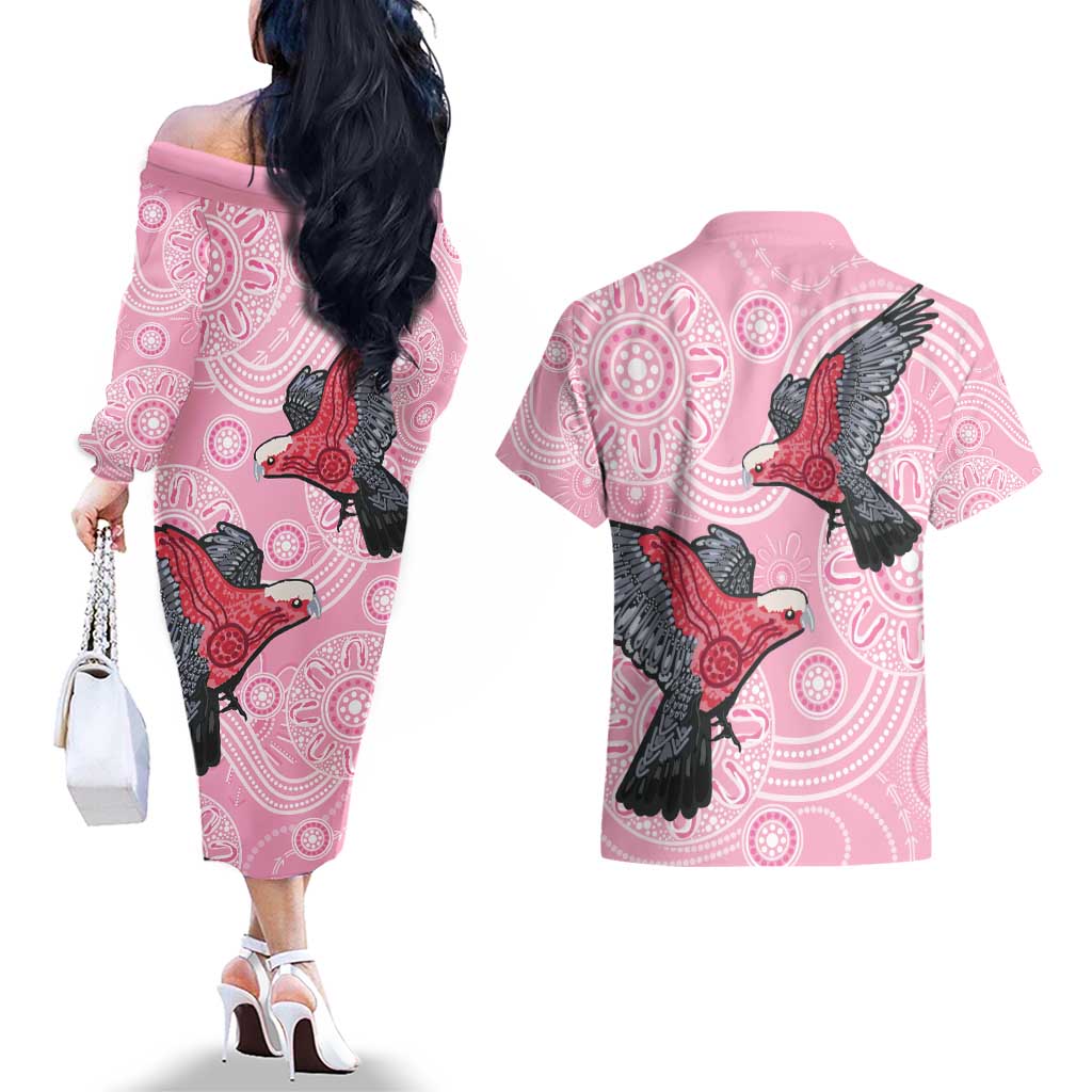 Pink Galah Aussie Aboriginal Couples Matching Off The Shoulder Long Sleeve Dress and Hawaiian Shirt Soaring High - Aussie Hoodie