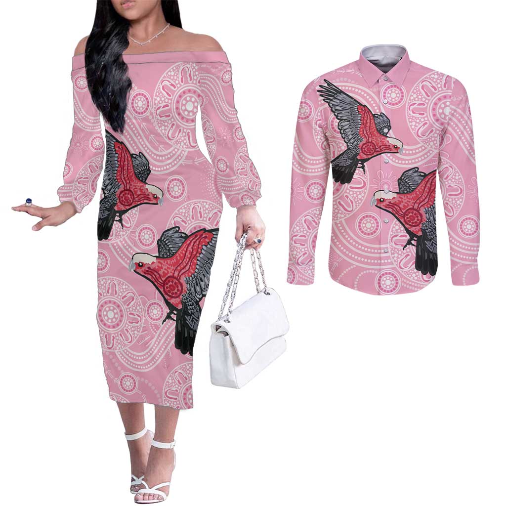 Pink Galah Aussie Aboriginal Couples Matching Off The Shoulder Long Sleeve Dress and Long Sleeve Button Shirt Soaring High - Aussie Hoodie