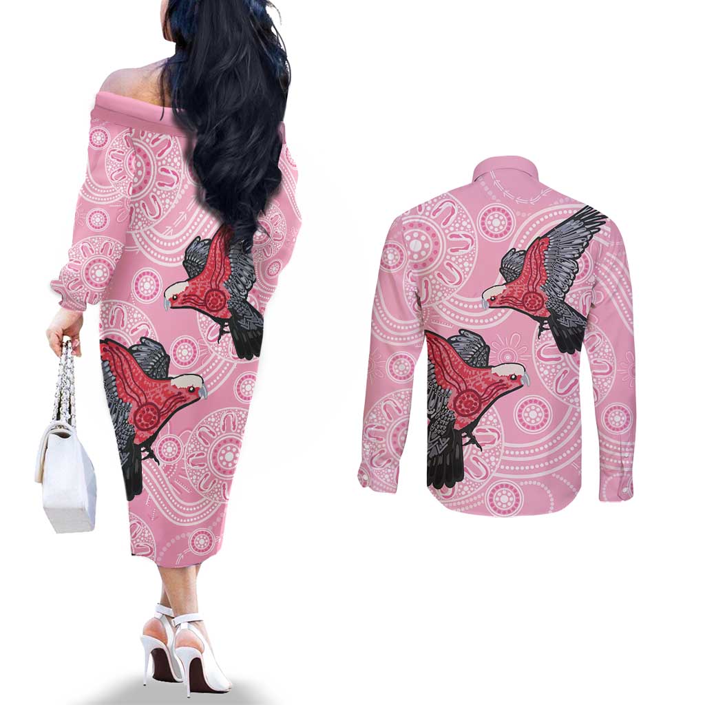 Pink Galah Aussie Aboriginal Couples Matching Off The Shoulder Long Sleeve Dress and Long Sleeve Button Shirt Soaring High - Aussie Hoodie