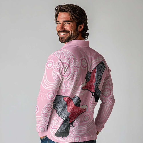 Pink Galah Aussie Aboriginal Long Sleeve Polo Shirt Soaring High - Aussie Hoodie