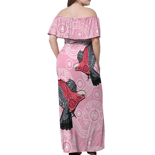 Pink Galah Aussie Aboriginal Off Shoulder Maxi Dress Soaring High - Aussie Hoodie