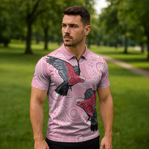 Pink Galah Aussie Aboriginal Zipper Polo Shirt Soaring High - Aussie Hoodie