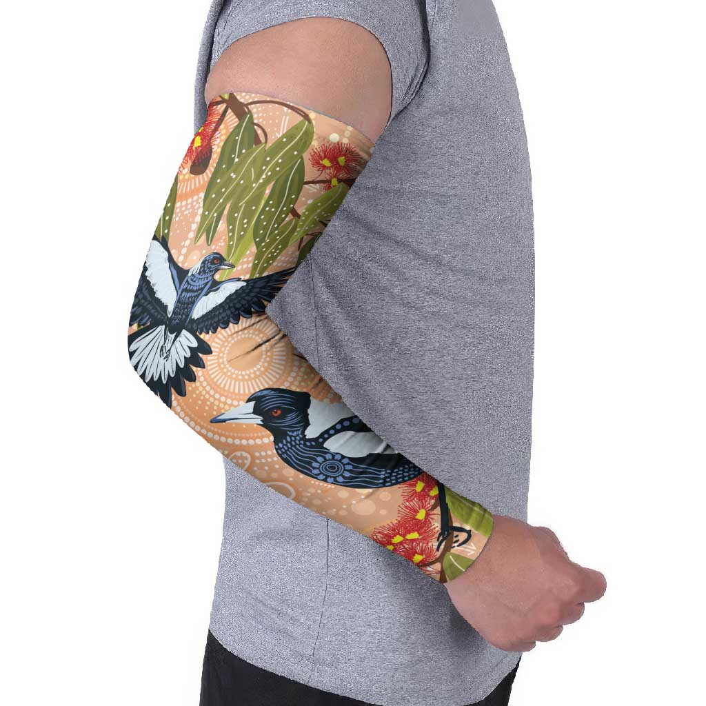 Magpies On Eucalyptus Australia Aboriginal Arm Sleeves - Aussie Hoodie
