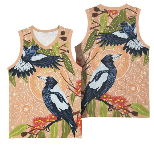 Magpies On Eucalyptus Australia Aboriginal Basketball Jersey - Aussie Hoodie