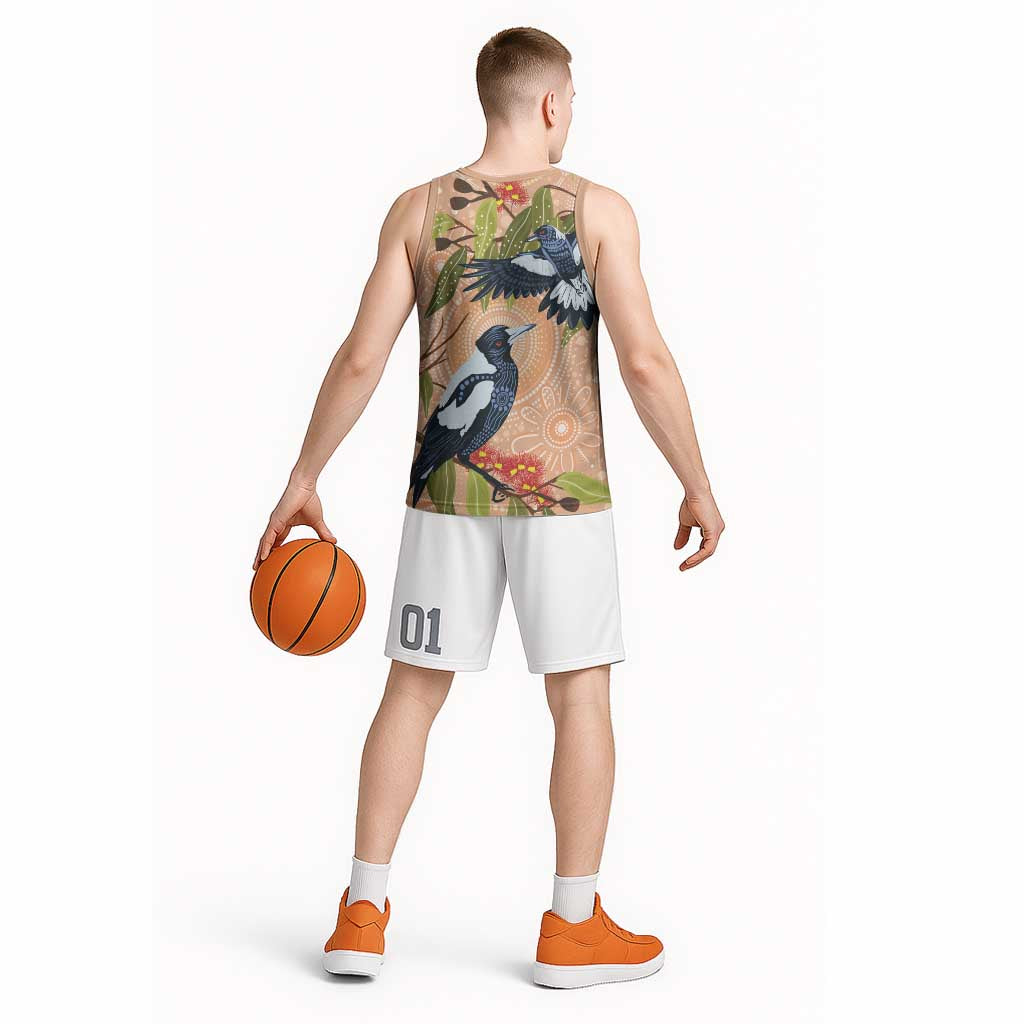 Magpies On Eucalyptus Australia Aboriginal Basketball Jersey - Aussie Hoodie