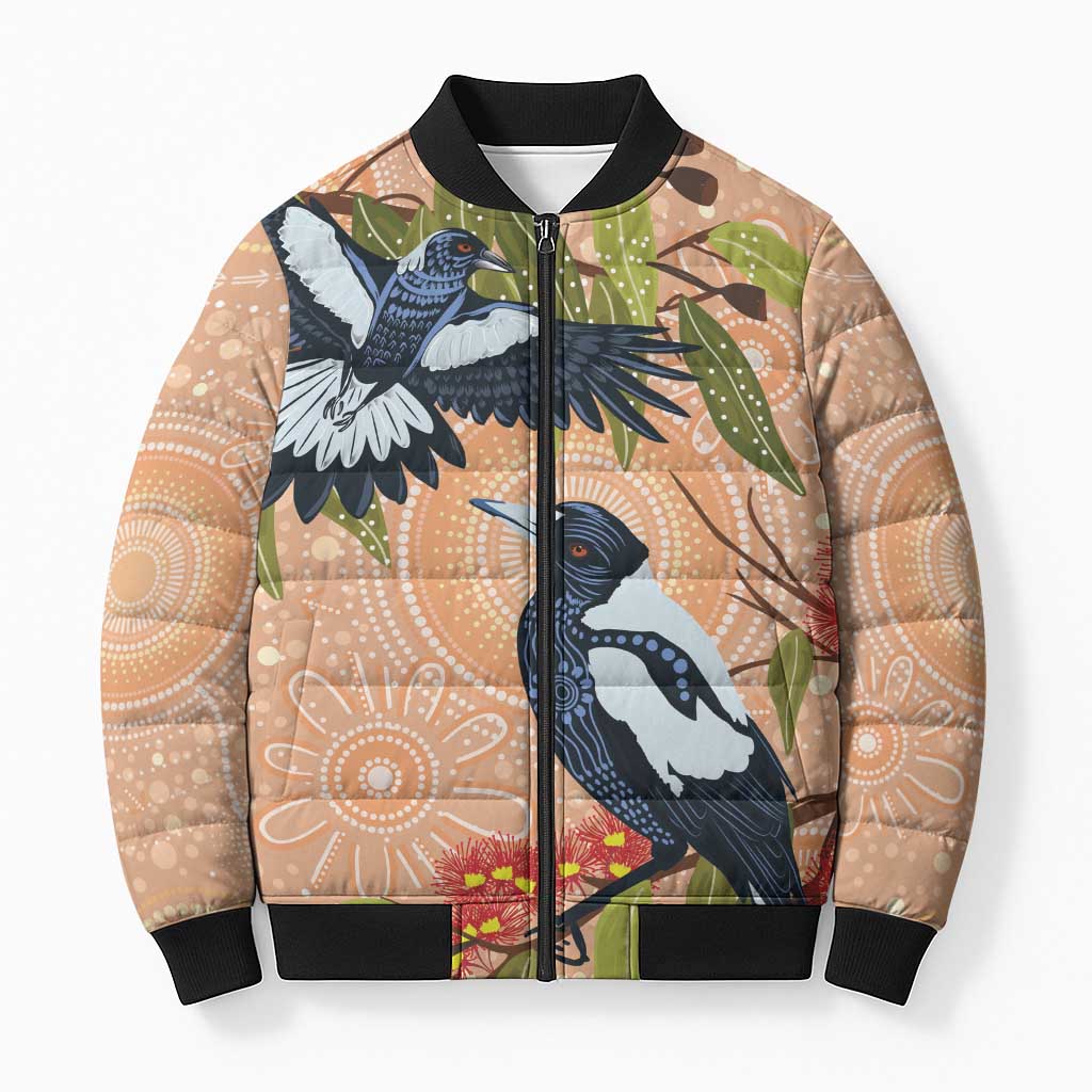 Magpies On Eucalyptus Australia Aboriginal Bomber Puffer Jacket - Aussie Hoodie