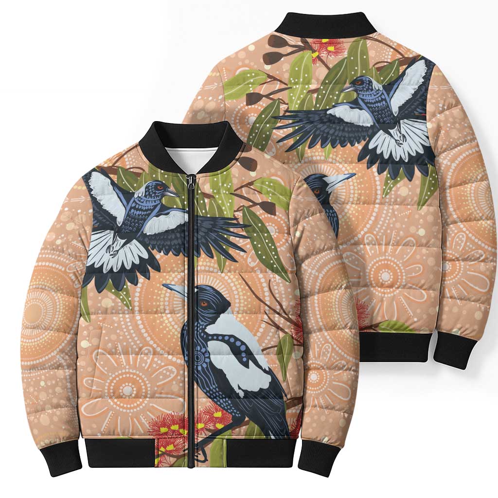 Magpies On Eucalyptus Australia Aboriginal Bomber Puffer Jacket - Aussie Hoodie