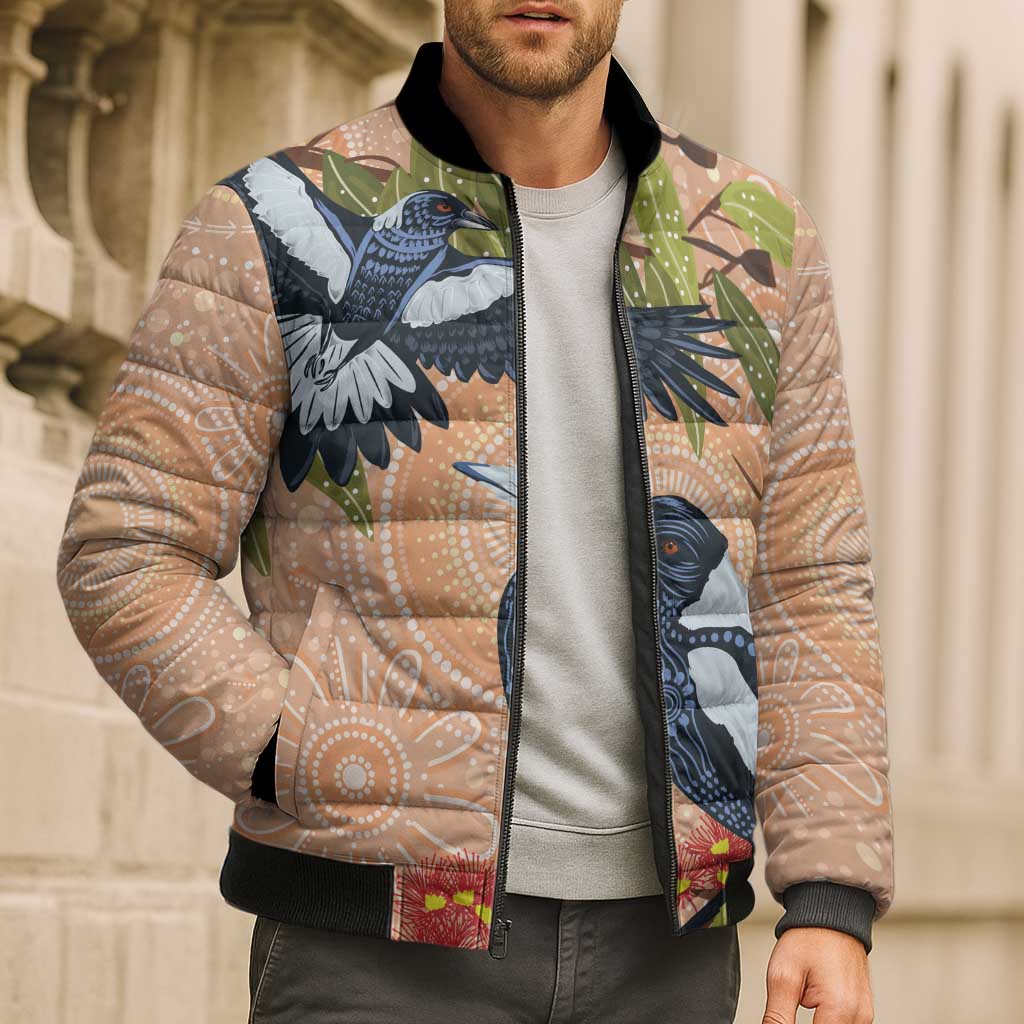 Magpies On Eucalyptus Australia Aboriginal Bomber Puffer Jacket - Aussie Hoodie